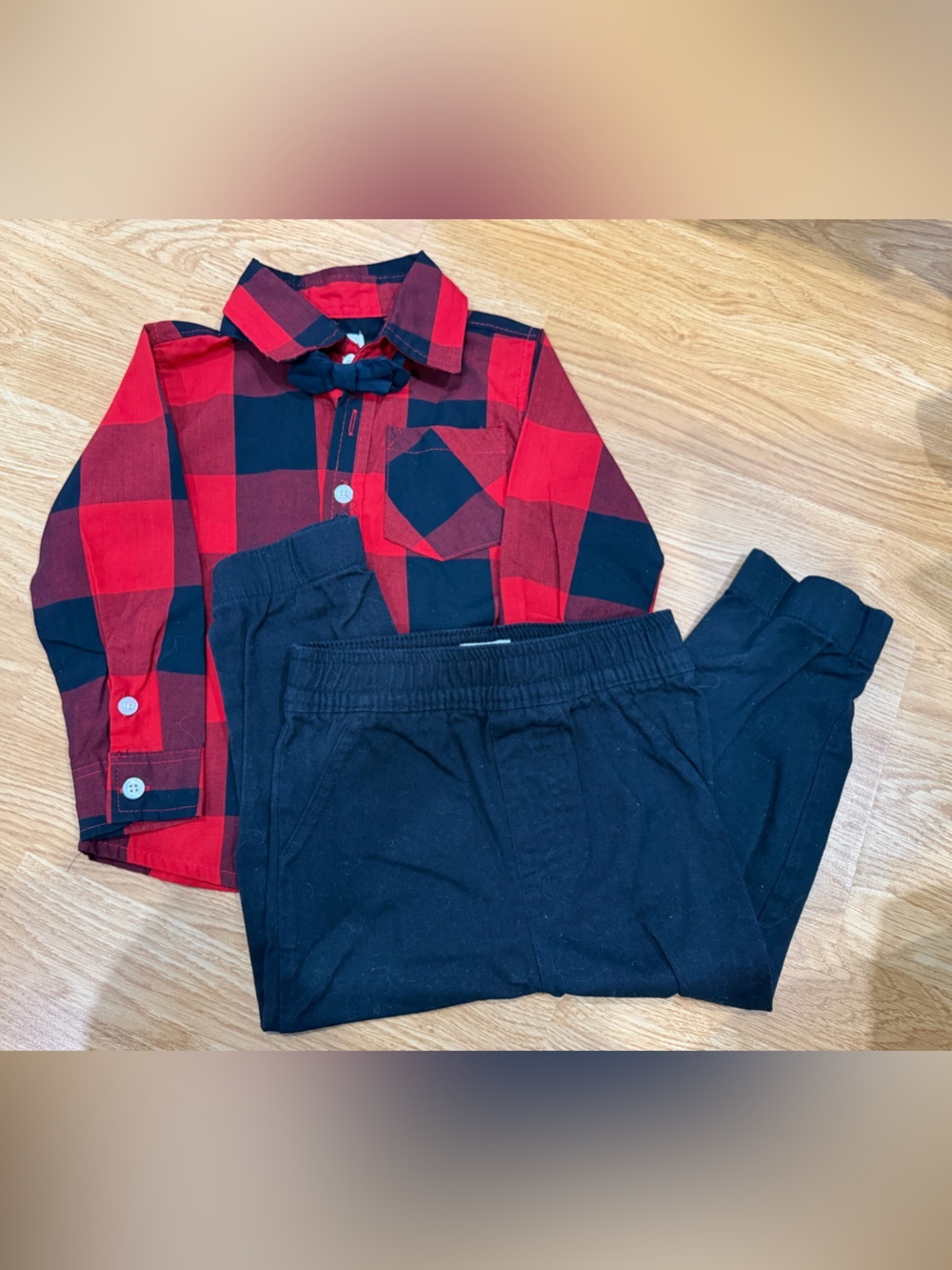 Alex&Jack Red Black Buffalo Plaid Button Shirt with Black Jogger Pants (Size2T)